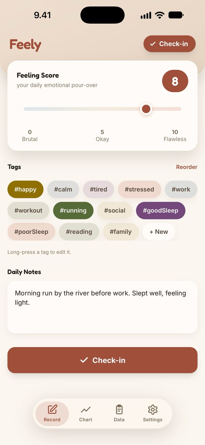 Feely check-in screen: a feeling score slider set to 8, tags and a note