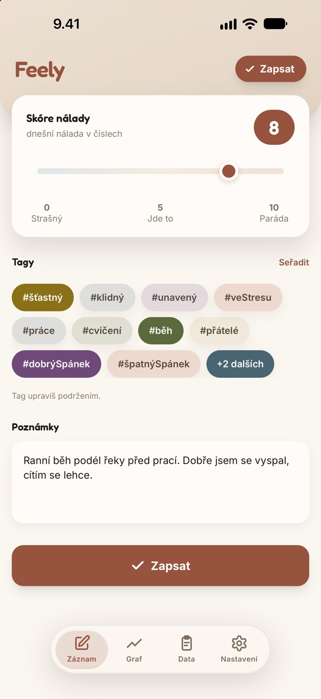 Obrazovka zápisu ve Feely: posuvník nastavený na 8, tagy a poznámka