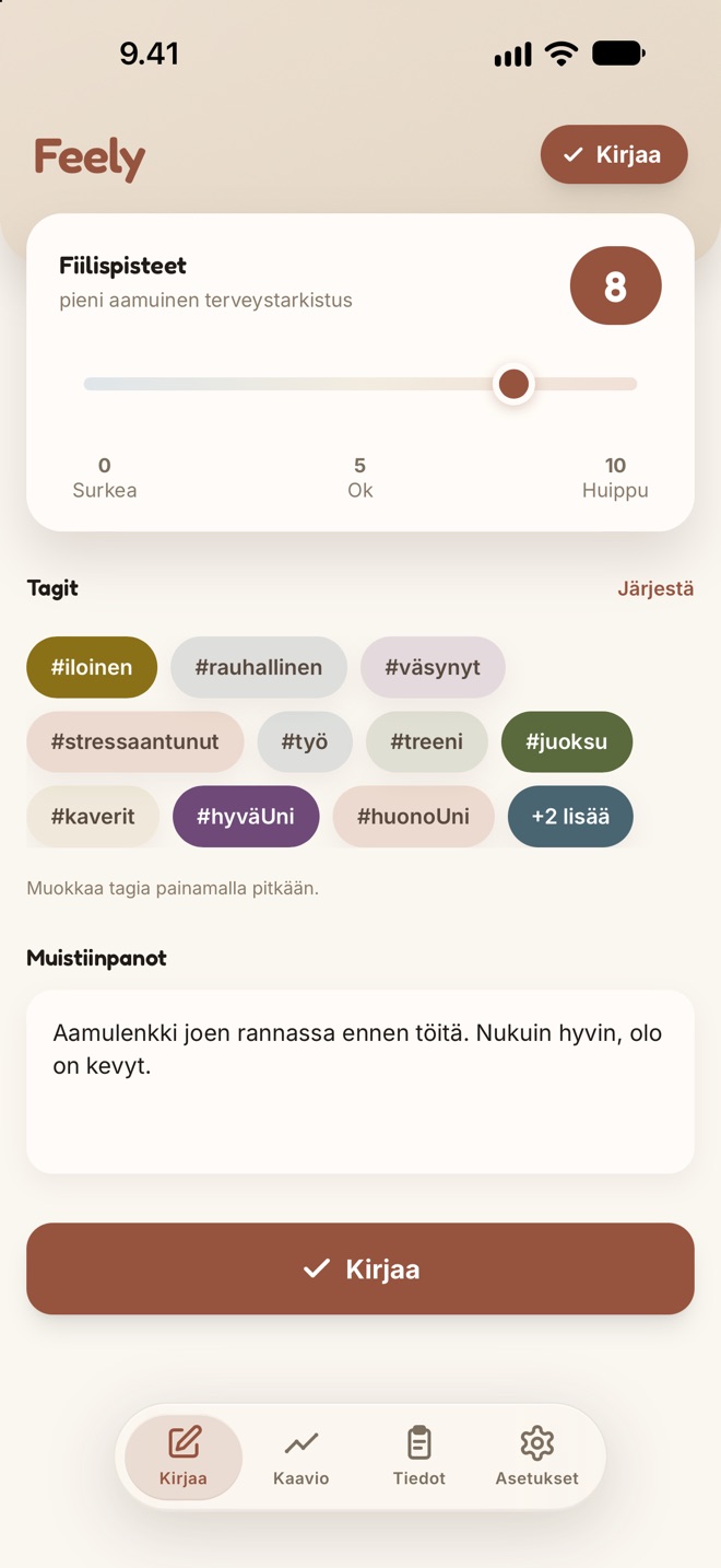 Feelyn kirjausnäkymä: fiilispisteiden liukusäädin kohdassa 8, tagit ja muistiinpano